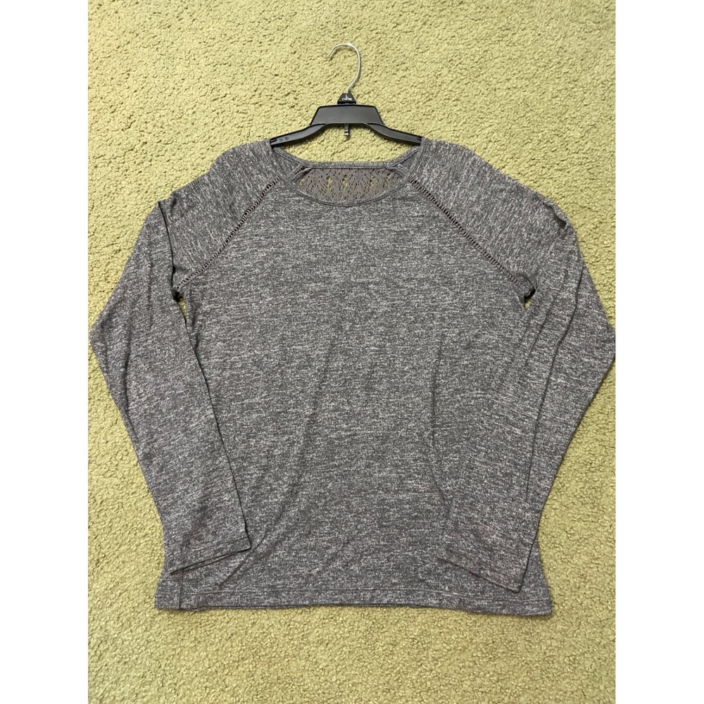 Bongo Womens Gray Heathered Lace Back Long Sleeve Top Size Large Raglan Knit